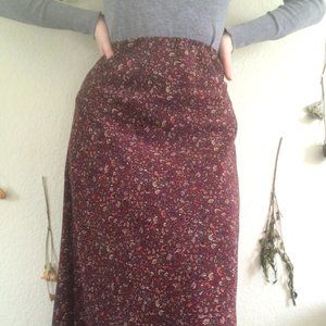 Burgundy Flower Pattern Satin Maxi Midi Skirt